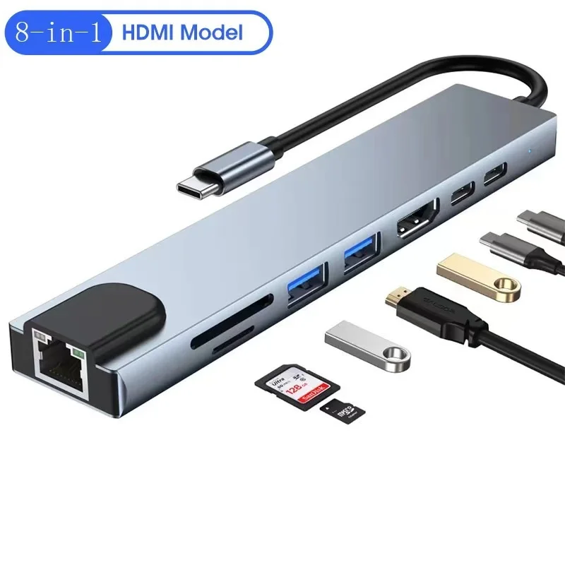 Eight-in-One Type-C USB-C Docking Station HDMI Network RJ45 SD Converter Hub 4K Card Reader Adapter PD ABS USB 3.0 Stock