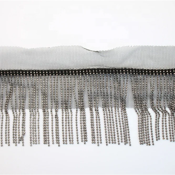 Gunmetal metallic fringe trim black mesh fringe metallic chain for garment