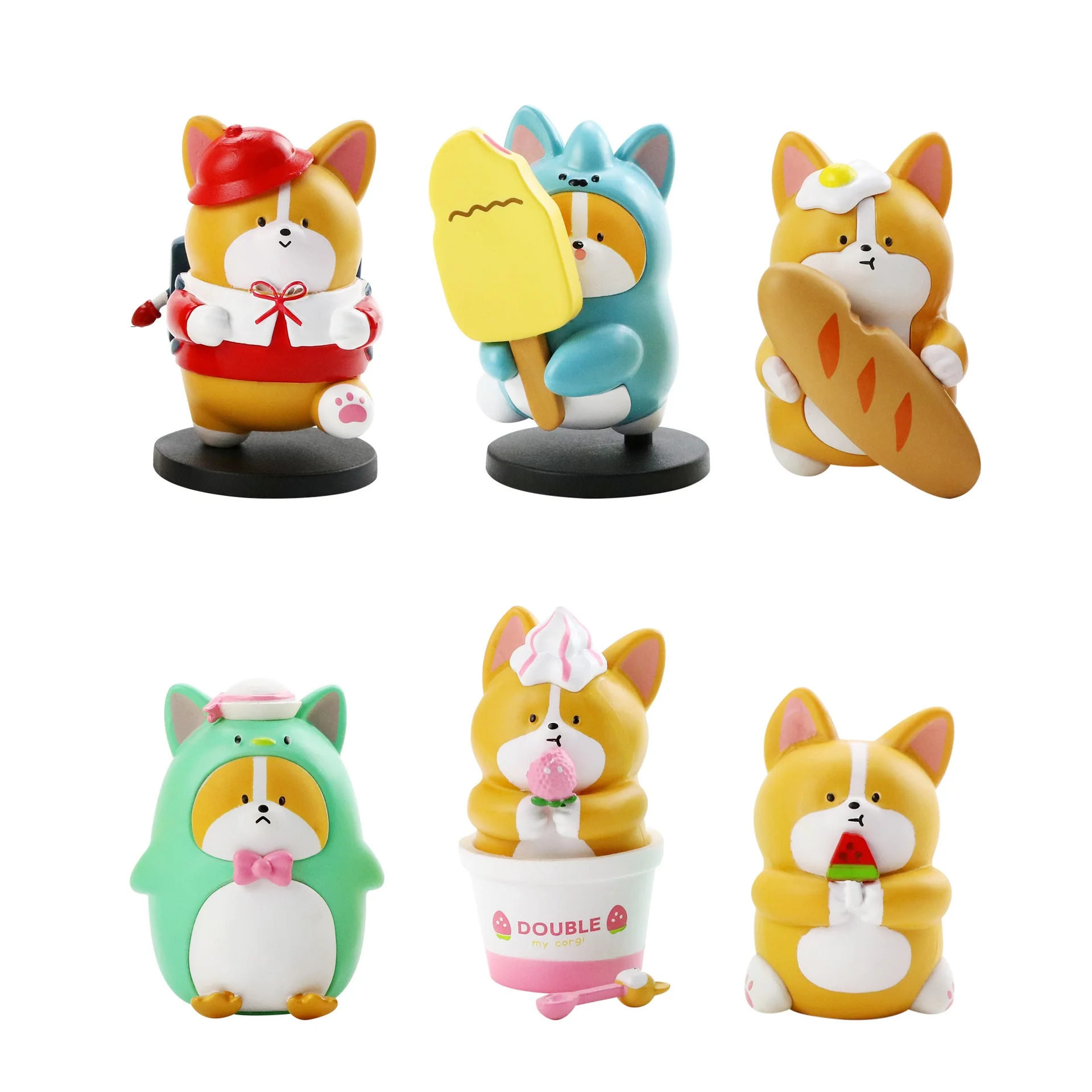 6PCS Corgi Dog Toy Food Gourmet Ice Cream Bread Backpack Shape Hand-Made Capsule Doll Ornaments Home Decoration Chidren Gift