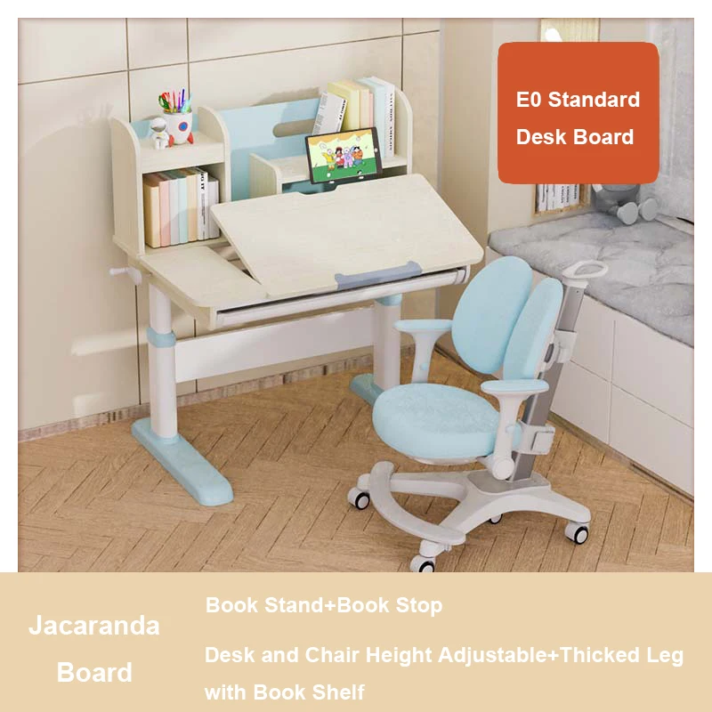 Wood Kids Desk and Chair Set Height Adjustable and Tilt Desktop, Study Desk with Bookshelf, Book Stand and Bookstop