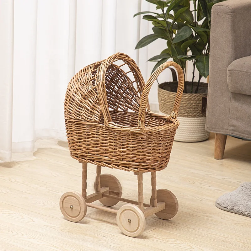 Children wicker rattan shopping trolley basket cart kids wicker trplley toy wicker basket shopping trolley
