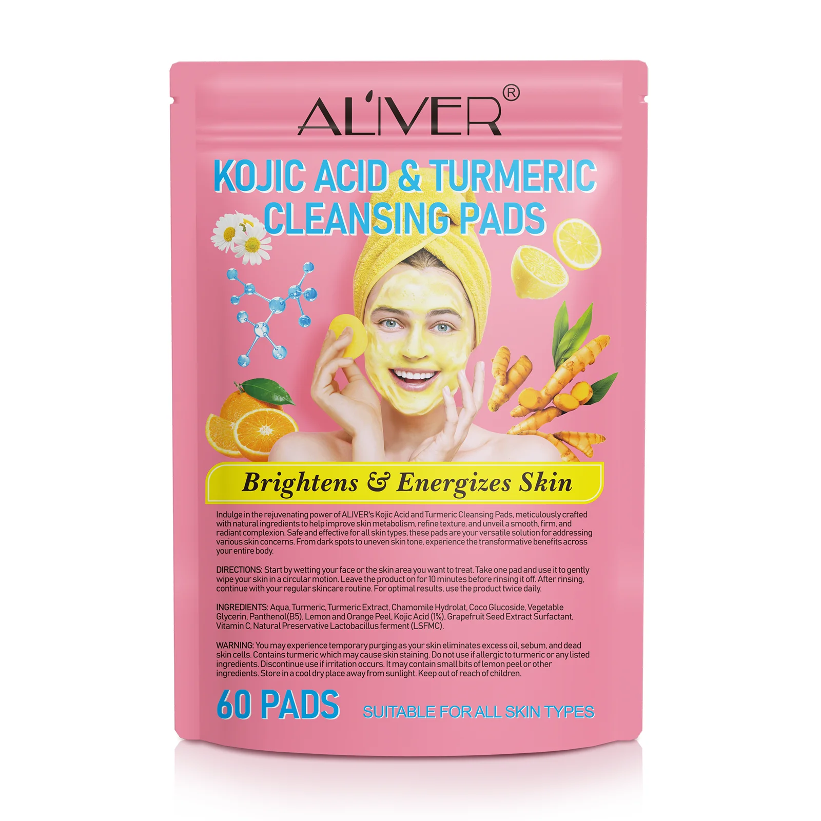ALIVER firming energizes skin brightening makeup disposable cotton facial face turmeric kojic acid exfoliating cleansing pads
