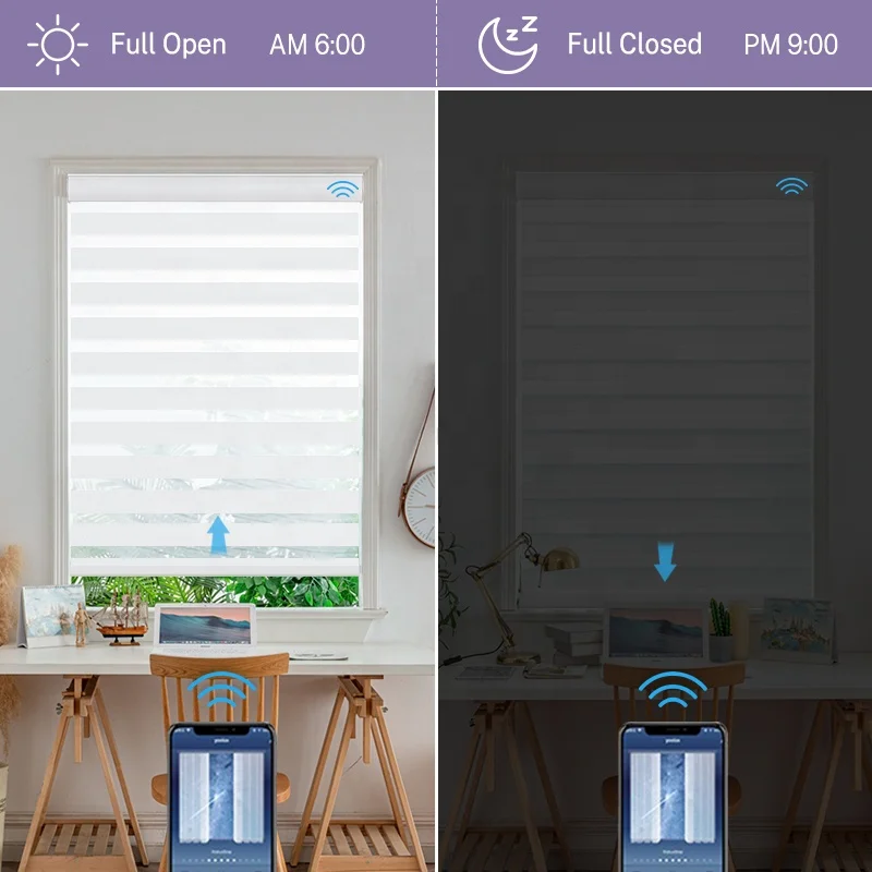 Electric dual window double roller shades zebra blinds shade automation wifi indoor battery operated motorized zebra blinds