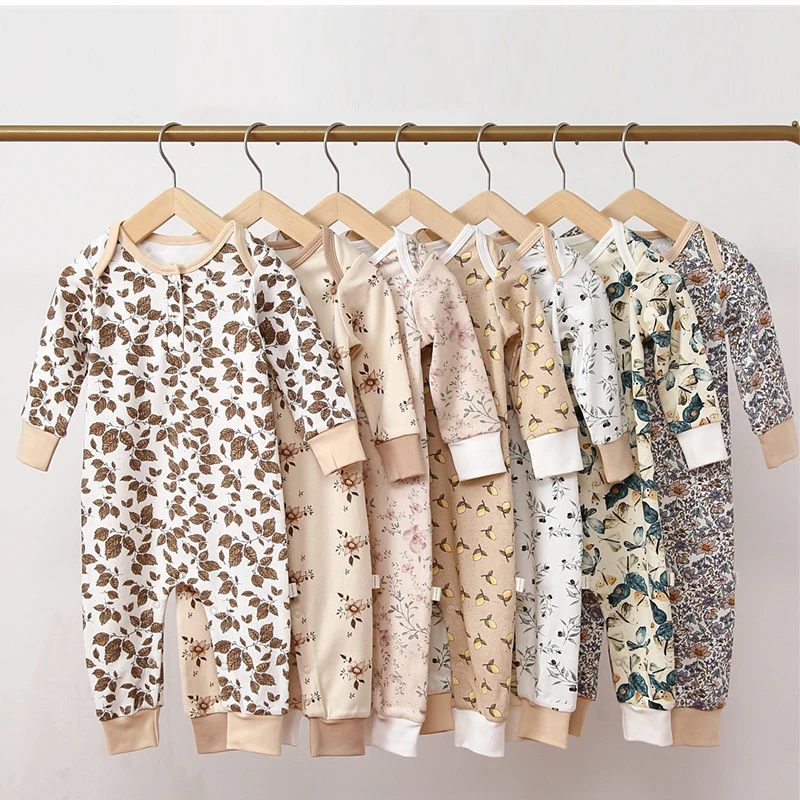 Ins Trendy Spring long sleeve Organic Soft Cotton Baby Clothes baby sleep suit Lovely Flower Printed Baby Romper