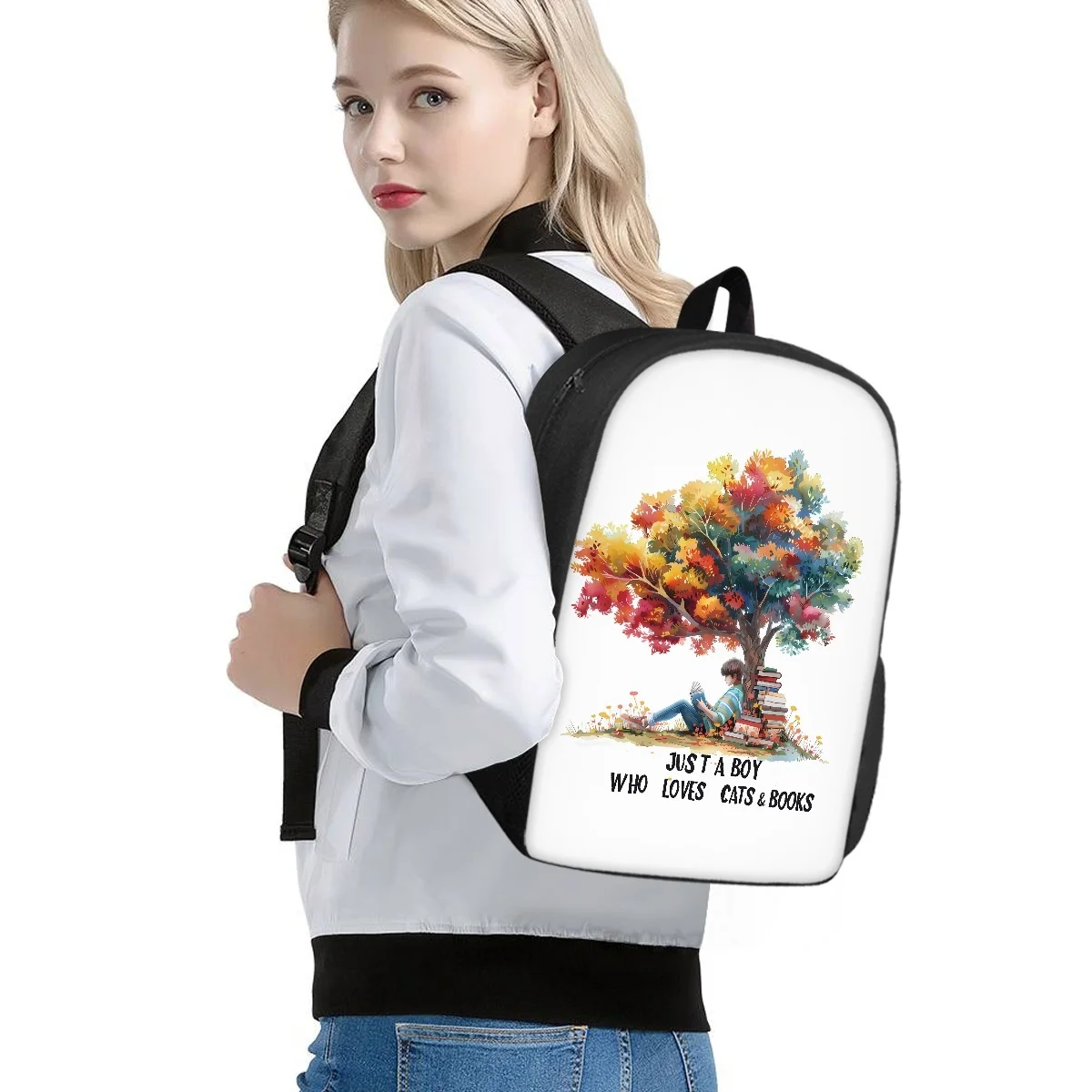 Custom Back to School Double Shoulder Student Backpack Who Love Books Tree Pattern Bookbags Cartoon Character SchoolBags