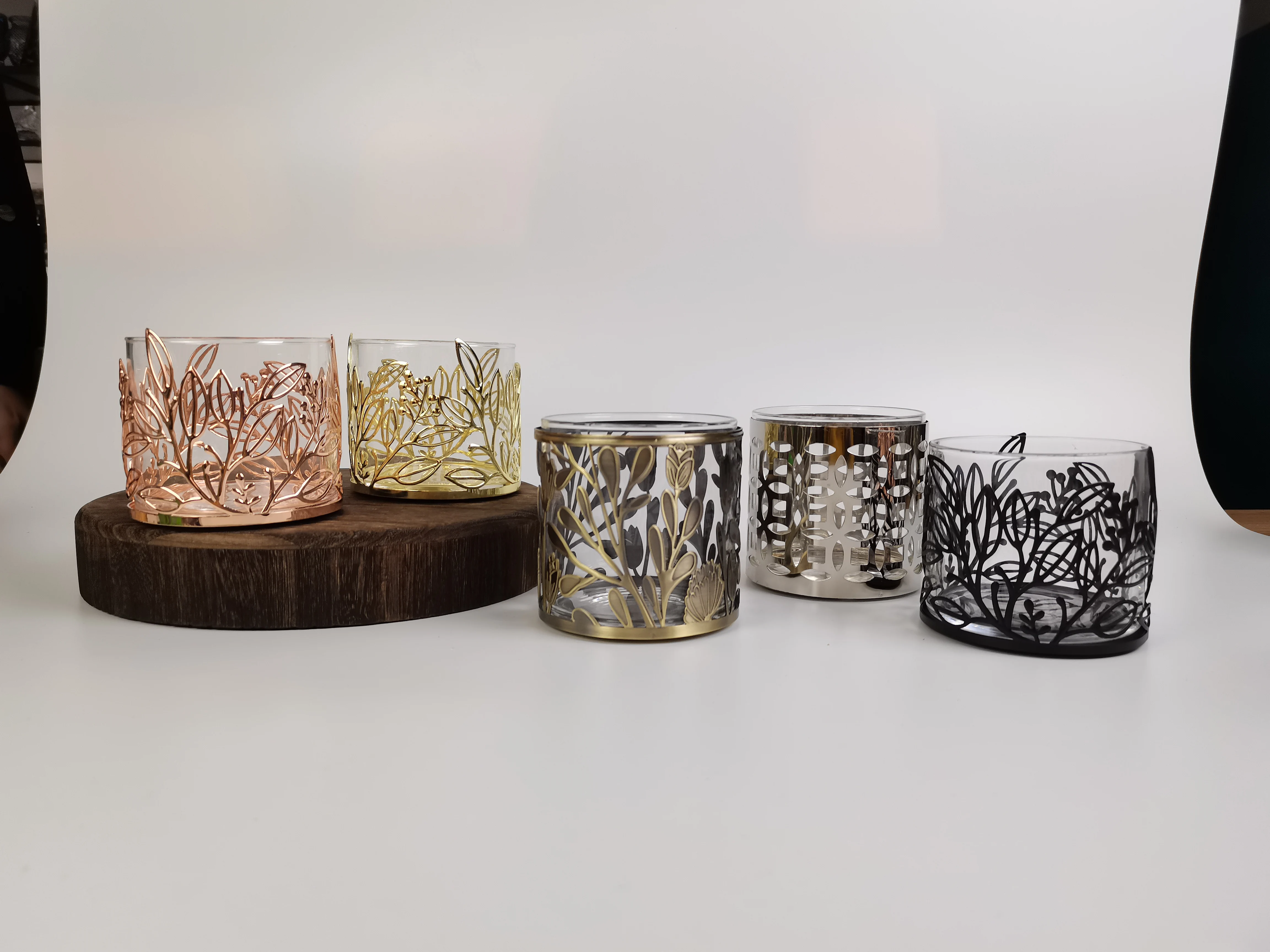 Luxury 14oz Glass Candle Container Glass Tea Light Holder Gift Set with Metal Decoration