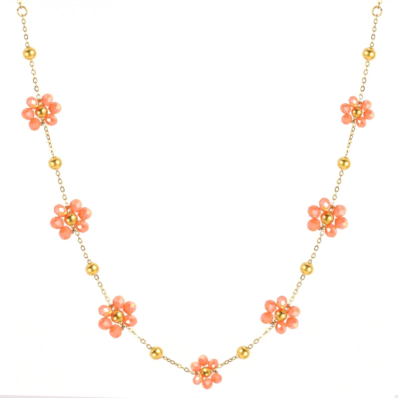 Trendy Colorful Flower Beaded Necklace Choker Bracelet for Women 316L Stainless Steel Jewelry Gold Plated Waterproof Charm Gifts