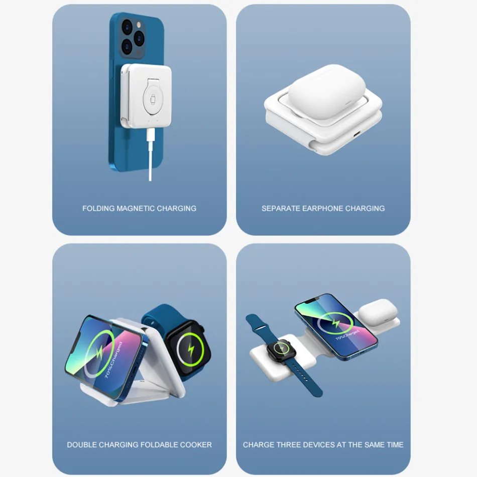 Hot Selling Magnetic 3 In 1 Foldable Wireless Charger,15w Fast Wireless Charging Stand Station Qi Portable Wireless Charger