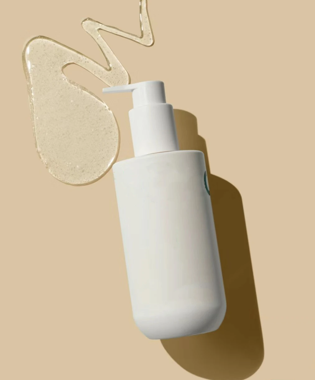 Custom elegant soft touch designer beige shower gel bottle luxury 350ml 250ml 300ml pet bottle for shampoo with pump