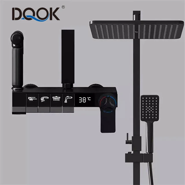 Modern Bathroom Wall Mounted Piano Rain Shower Column System Exposed Black Thermostatic Shower Mixer Bath & Shower Faucet Set