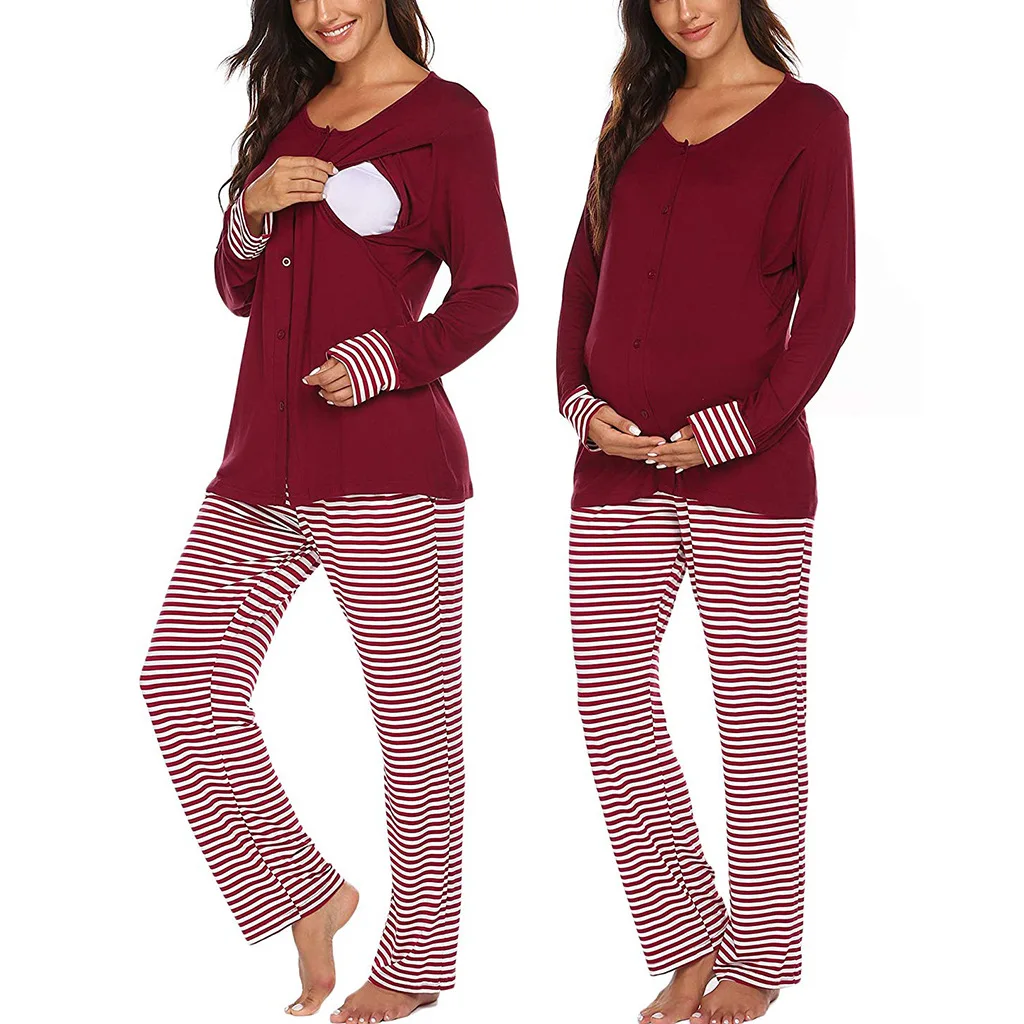  2021 Latest Fashion Loose Comfortable Stripe Pregnant Women Pajamas Maternity Home Wear Two Piece Clothing