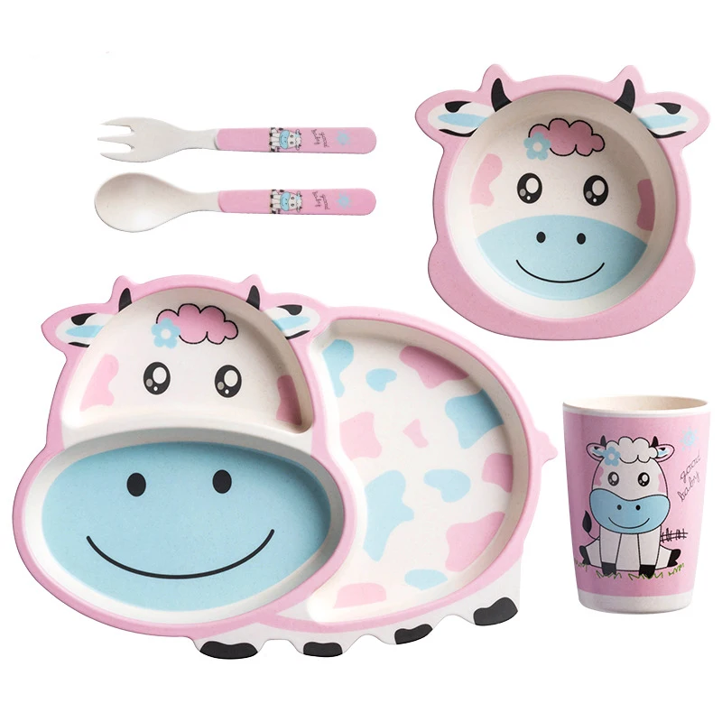 Cartoon Animal Print 5 Pack Set Children Bowl Dinner Plate Bamboo Fiber Kids Dinnerware set