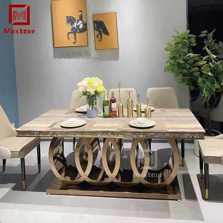 Luxury modern home furniture kitchen dining table and 8 chairs stainless steel metal leg marble dining room sets dining tables