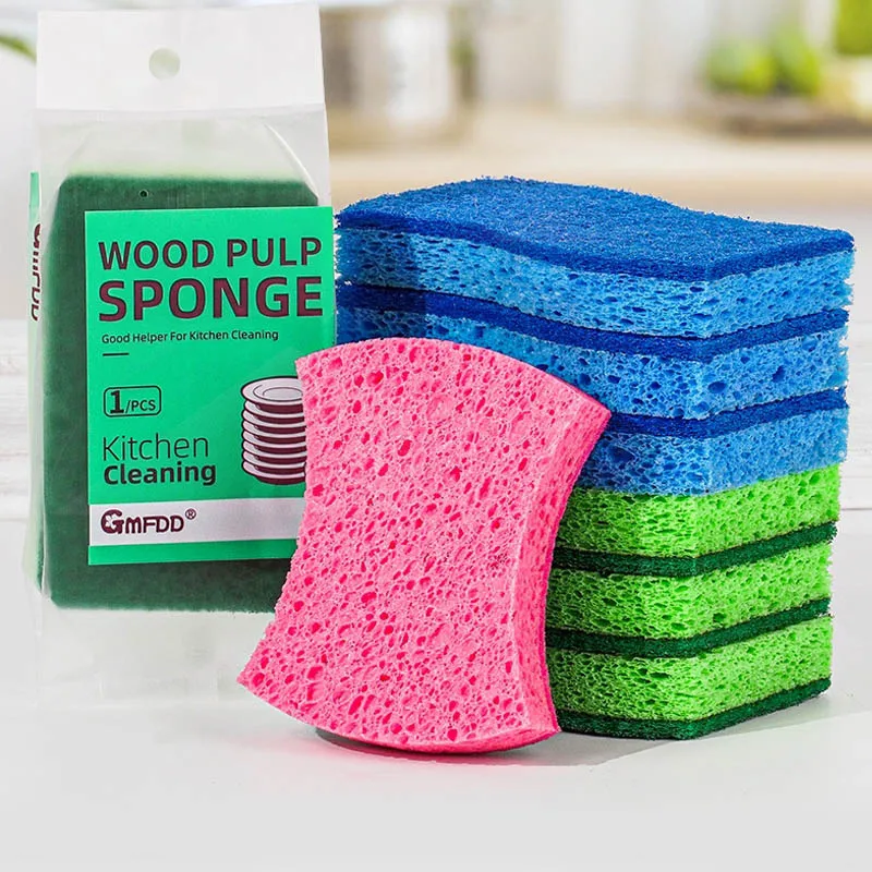 Two tone wood pulp cotton sponge wiping with sand dishwashing sponge scouring pad kitchen cleaning brushing magical wiping tools