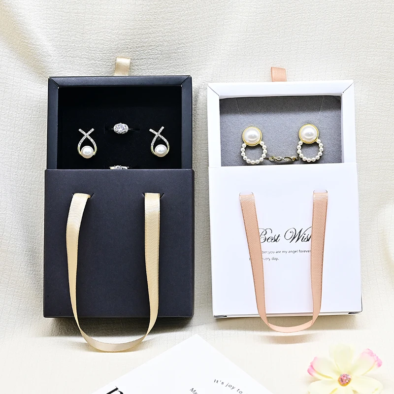 Luxury Printed White Green Blue Drawer Sliding Satin Paper Jewelry packaging gift Box With Handle