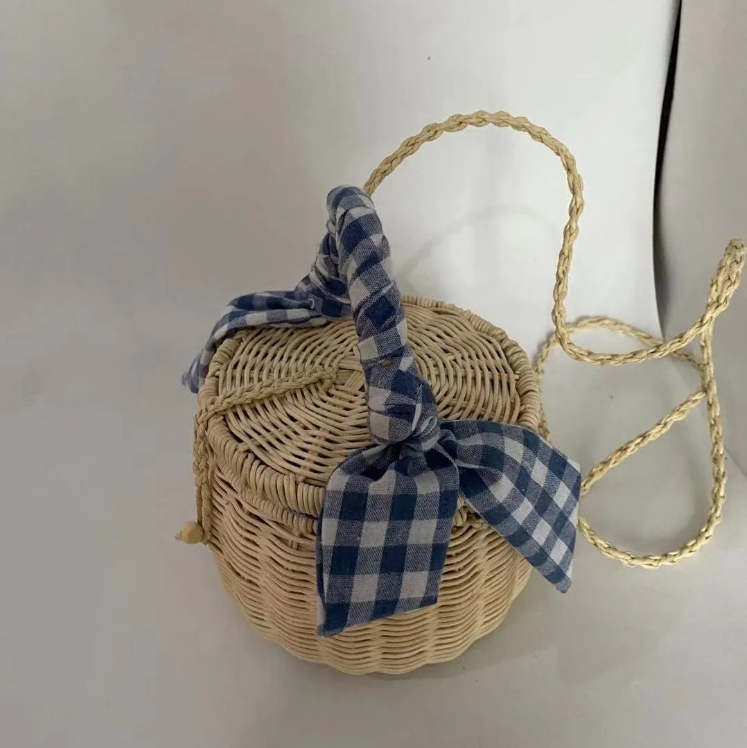 
Children Kids Straw Bag Small Size Round Rattan Shoulder Bag With Scarf 