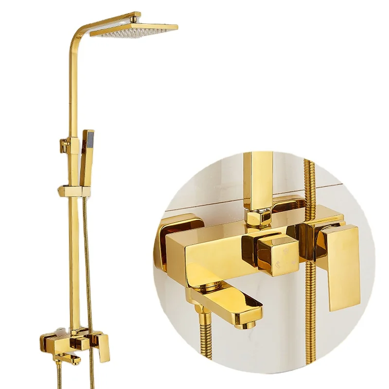 Hot Cold Shower Set Bathroom SPA Rainfall Shower System Bathtub Square Brass Bath Faucet Wall Mount Luxury Modern Yellow