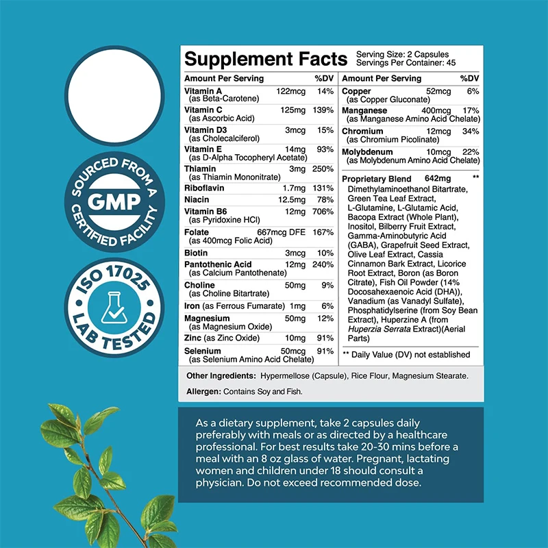 Nootropics Brain Support Supplement with Vitamins for Cognitive Enhancement - Mind and Memory Supplement for Brain Health