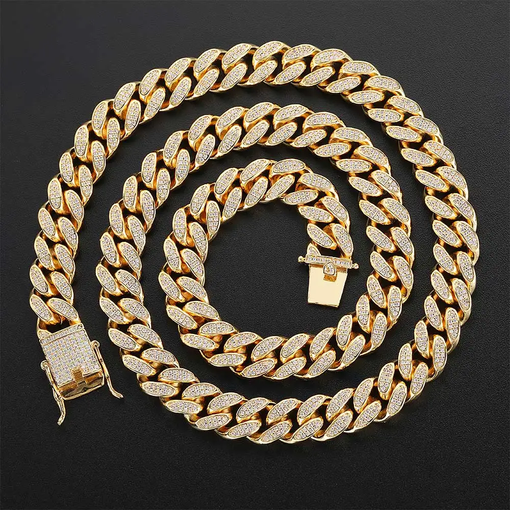 Cadena Cubana 18K Gold Plated Iced Out Jewelry Diamond Miami Cuban Link Chain Necklace