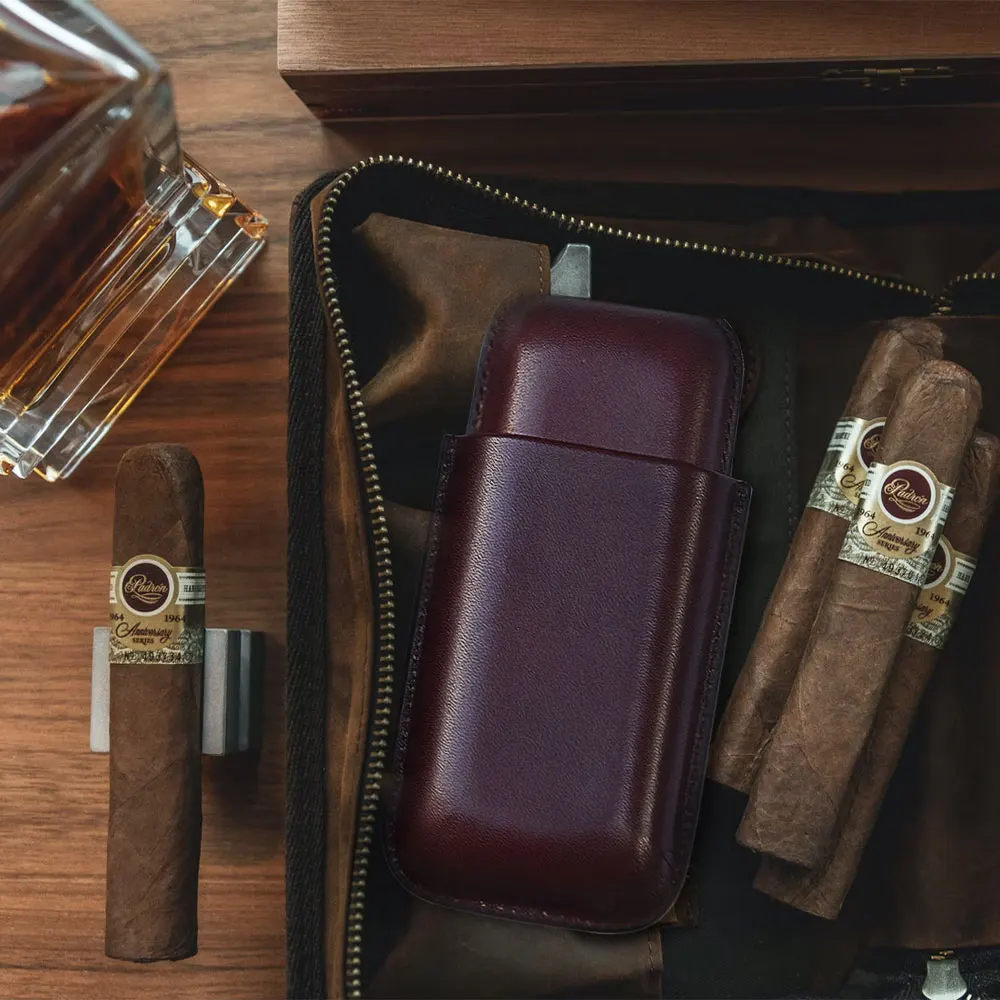 Cigar holder case pu leather leather cigar boxes case 2 finger black brown leather cigar case
