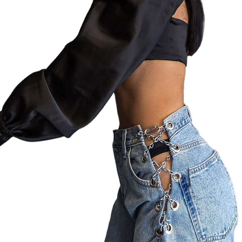2020 New fashion High waist Elastic force Irregular Chain Split Denim Pants Jeans women ladies jeans