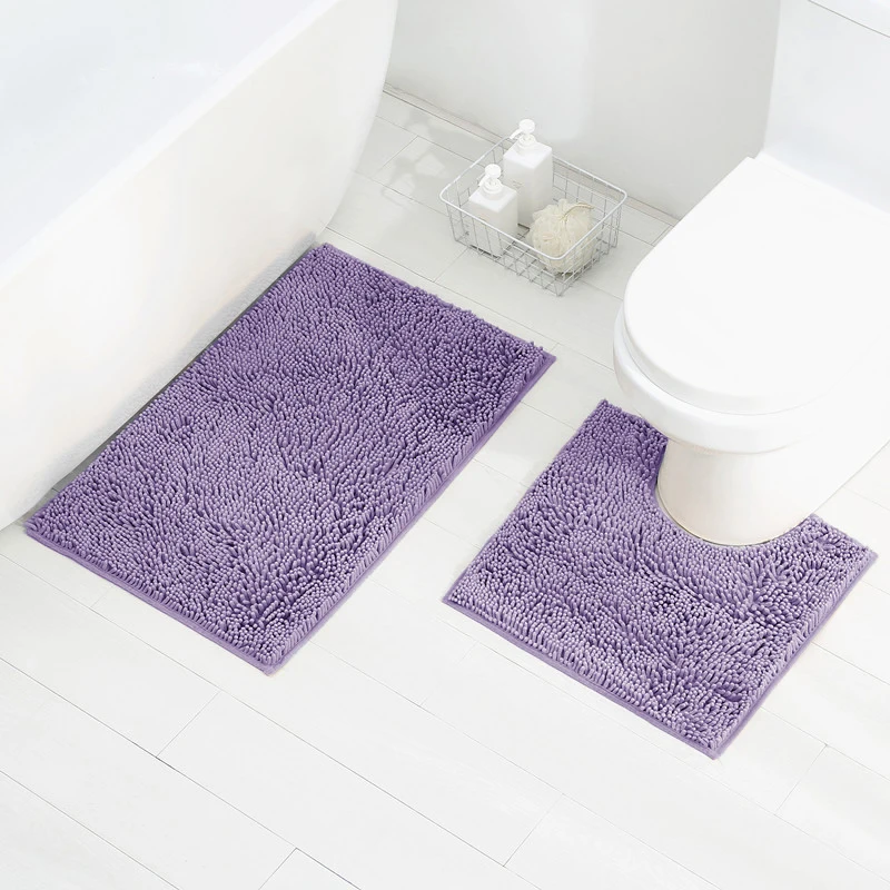 SHENGDE Custom Size Bathroom Shaggy Solid Color Microfiber Rug Set 3pc Non Slip Tpr Shiny Chenille Bath Mat