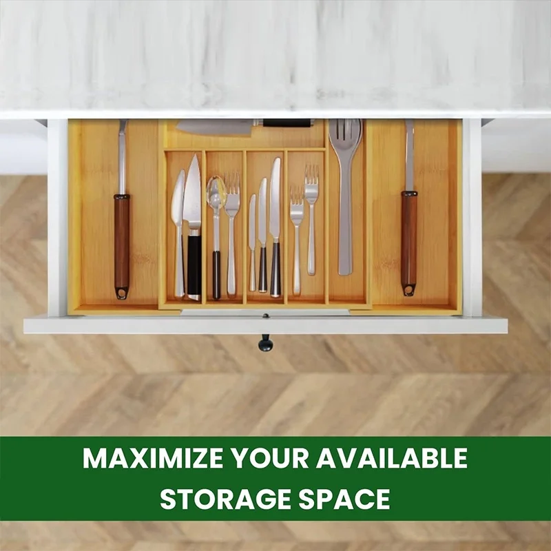 Expandable Bamboo Silverware Organizer Drawer for Utensils Holder Cutlery Drawer Tray with Dividers Flatware Kitchen organizer