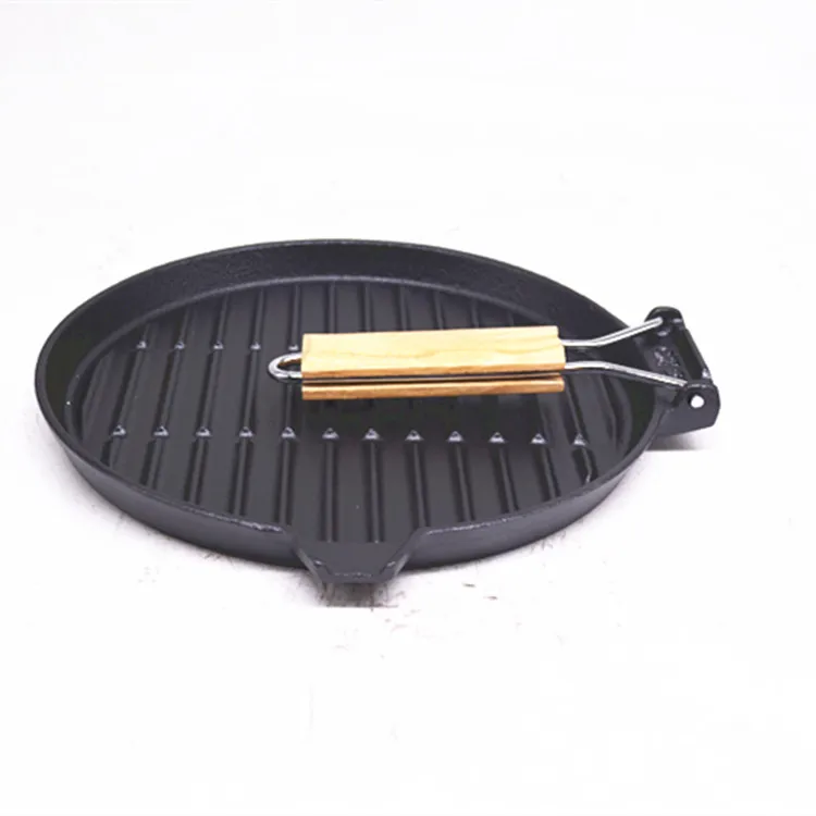 Round shape pre-seasoned oil coating cast iron baking dishes pan with wooden handle