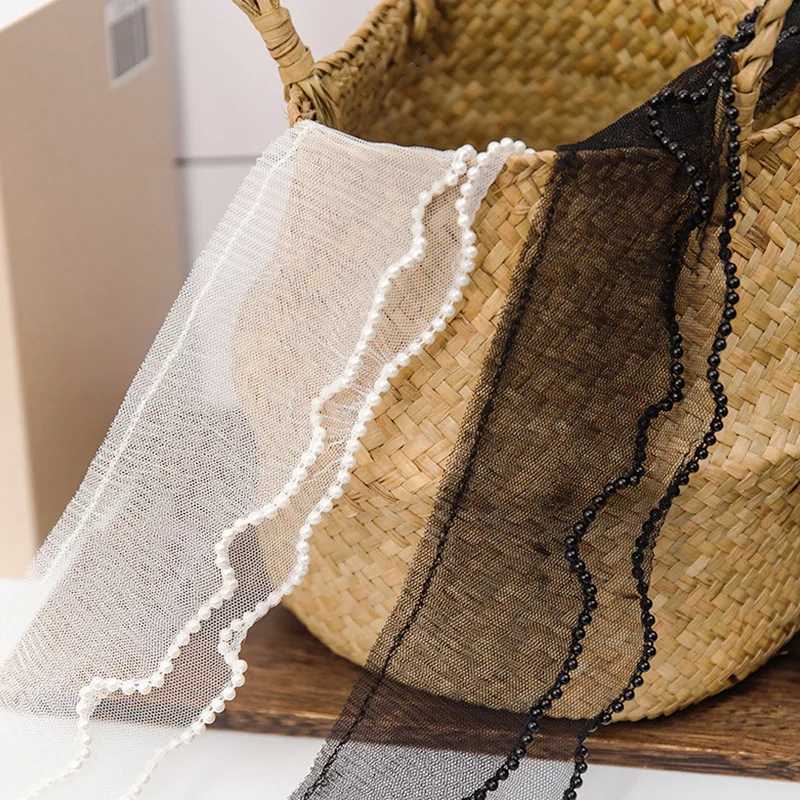 9cm Size Double Layers Pleated Lace Trim White Black Elastic Mesh Pearl Laces Garment Cloth Accessories