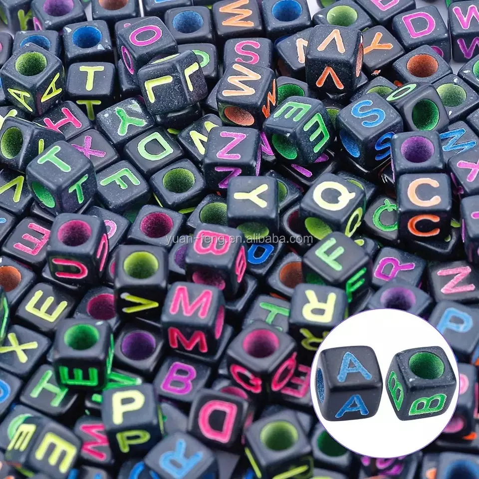 Mixed English Letter Acrylic 7x7mm Cube Assorted Neon Color Alphabet letter beads