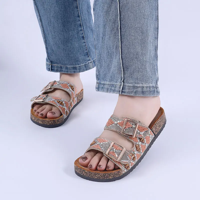 Customized Logo PVC Shoes Women Rhinestone Sandals Popular Double Buckle Sandals Soft Cork Slippers For Mujer