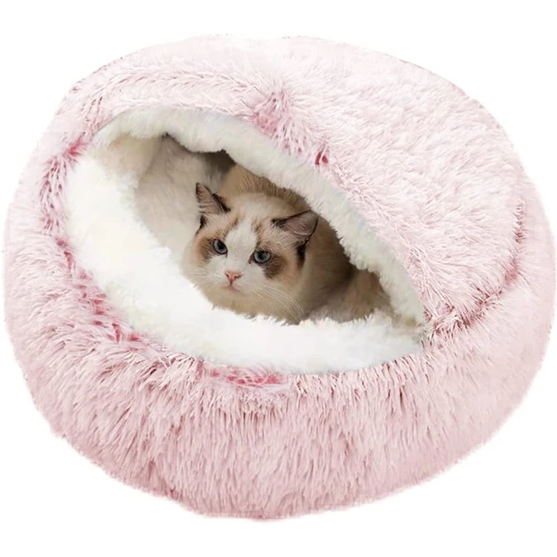 Manufacturer Direct Round Plush Fluffy Cozy Hooded Cat Bed Cave for Indoor Cats Dog Rabbit Hamster