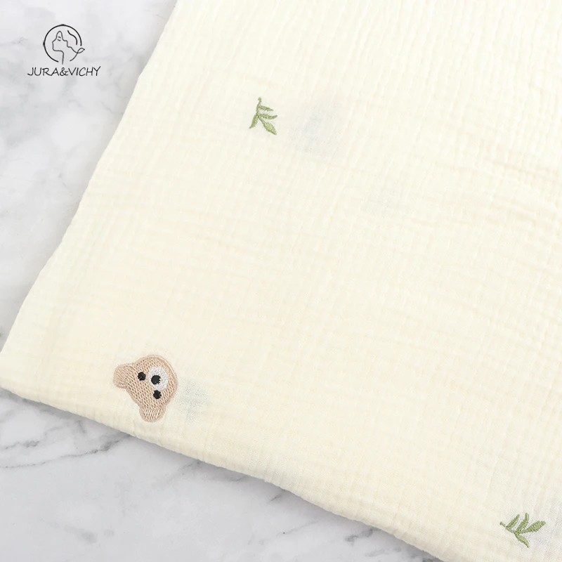 Raw white quality flower bear animal baby double gauze 100% cotton muslin embroidery fabric