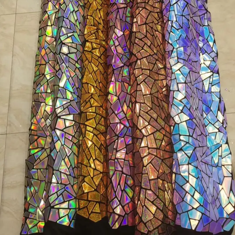 Wholesale Iridescent Large Geometric Laser Cut Velvet Shiny Sequins Embroidery Fabrics For Garment Upholstery