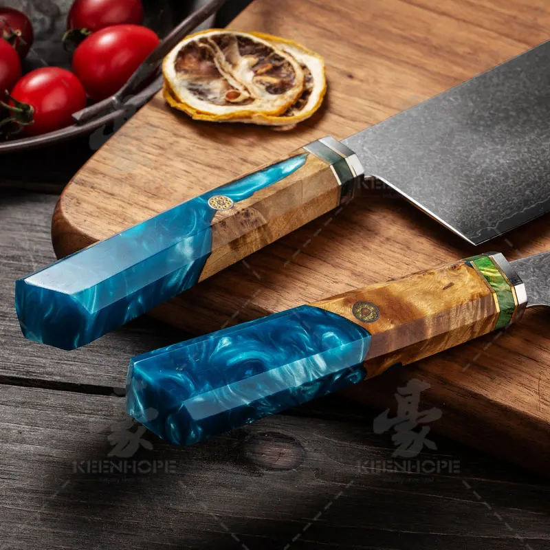 7 Inch Cleaver Knife Damascus Kitchen Knife 67 Layers Damascus Steel with Resin Adn Wood Handle Blue