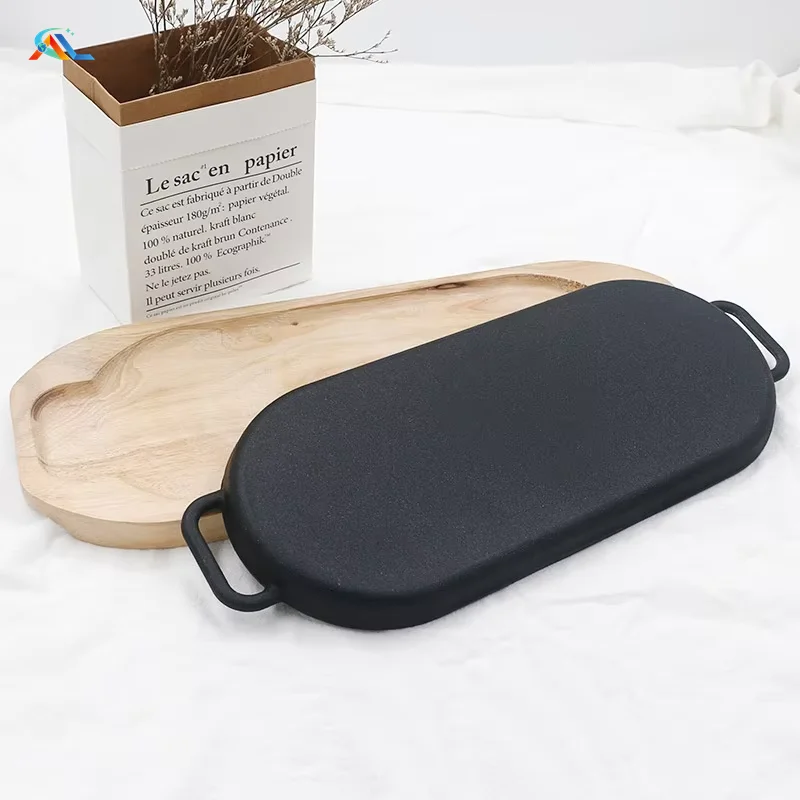 Kitchen Cookware 22/30/38cm Cast Iron Steak Pan Grill Pan Cooking Plate with Wooden Tray