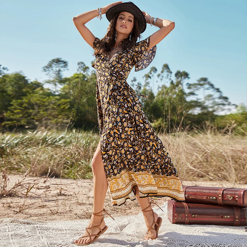 Casual Floral Print Bohemian Dresses Women Sexy A-Line Boho Long Dress Picnic Vacation Sunny Beach Chiffon Maxi Dresses