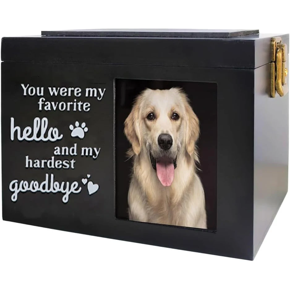 Pet Memorial Urn A wooden cremation furnace for dog or cat ashes, a memorial box with a photo frame and a black pet memorial