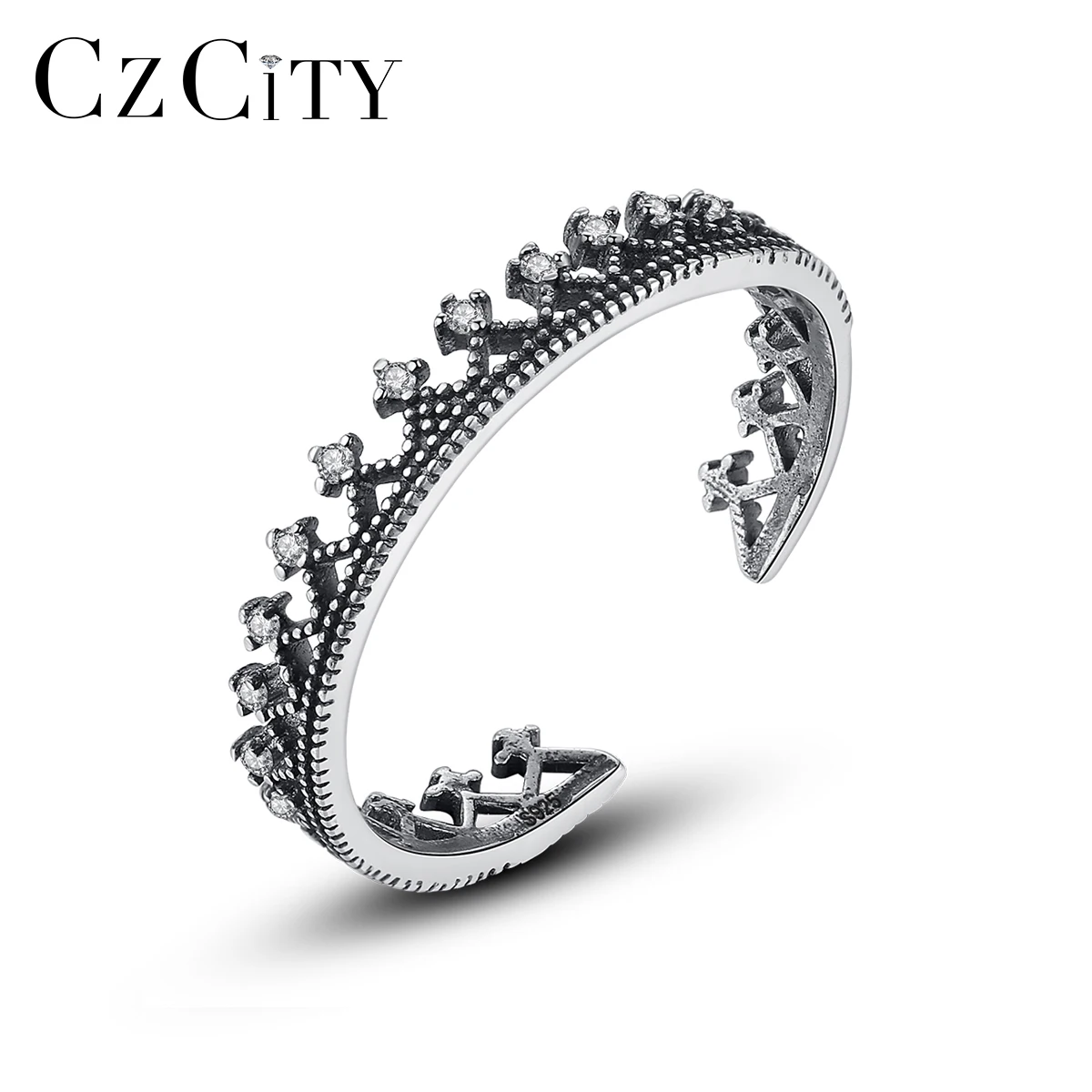 CZCITY Настоящее 925 стерлингового серебра ювелирные изделия классический Штабелируемый CZ Принцесса Корона Дизайн Кольцо Винтаж
