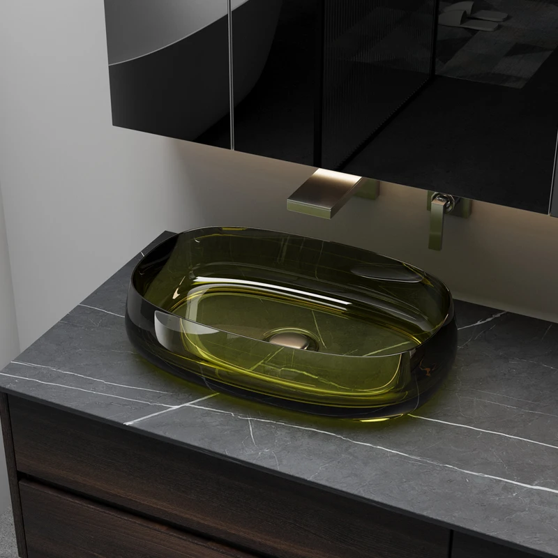Modern Transparent Resin Basin Hotel Villa countertop sink Oval Shape Clear Polyester resin vessel Bathroom Wash Mop