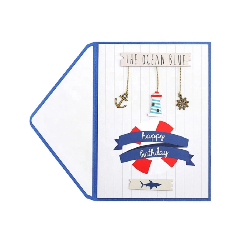 Hot Sale Handmade Anchor and Cord Design Cards, Shiny Silver Foil Birthday Greeting Cards for Boy