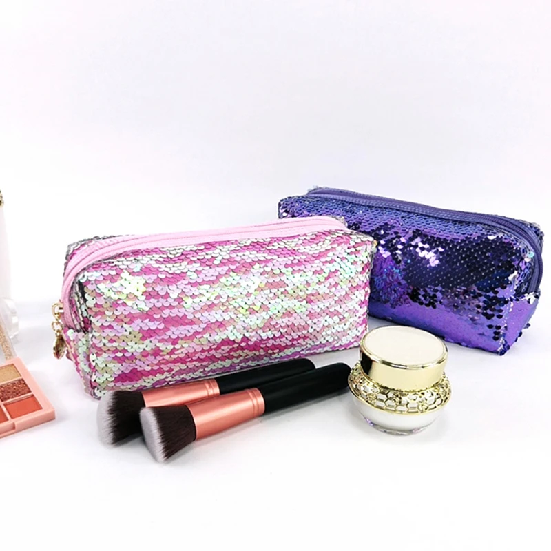Glitter Holographic scales bling Beauty make up bag Purple pink Mermaid Reversible Sequin cosmetic bag organizer Pencil Case
