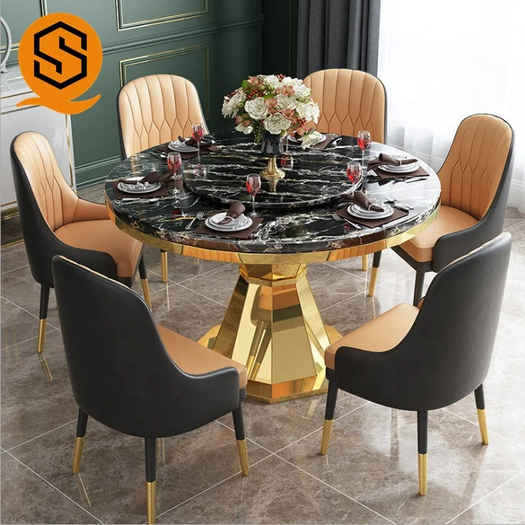 luxury round black dining tables and chairs gold stainless steel marble marble dining table set