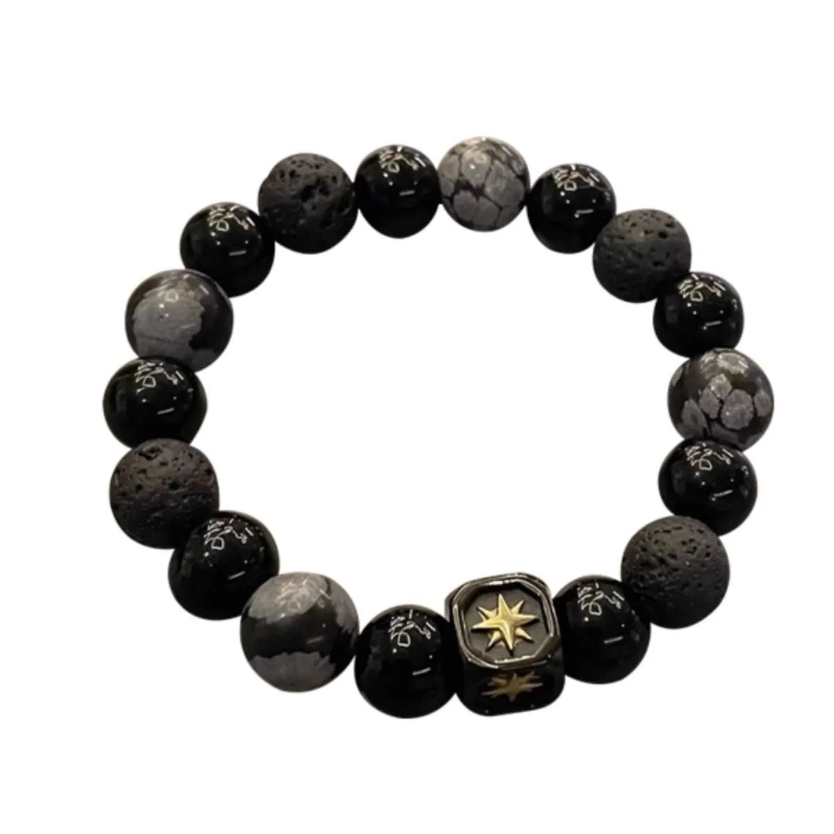 Fashion Natural 10MM Black Lava Stone Alabaster Single Layer Beads Star Charm Beaded Bracelets For Men