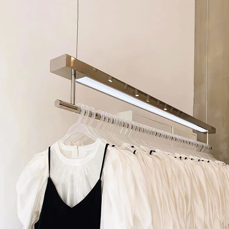Retail Shop Furniture Wall Mounted Display Stand Apparel Clothes Store Gold Ceiling Clothing Rack for Clothing