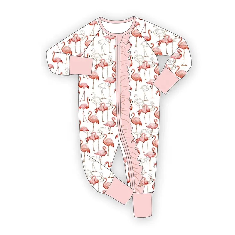 Professional Wholesale Price Custom Infant Baby Girl Romper Jumpsuit with Long Sleeve Ruffles 95% Bamboo and 5% Spandex 2Zippers