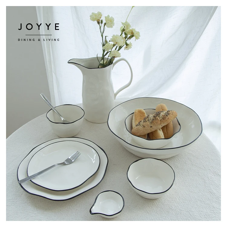 Joyye nordic handmade pottery dinnerware set black rim bone china dinner plates chinaware dinnerware