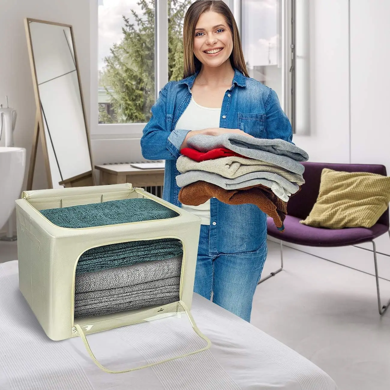 KUYUE Modern Design Jumbo Storage Bins Fabric Clothes Organizer Bags Storage Containers Metal Frame Stackable Foldable Oxford