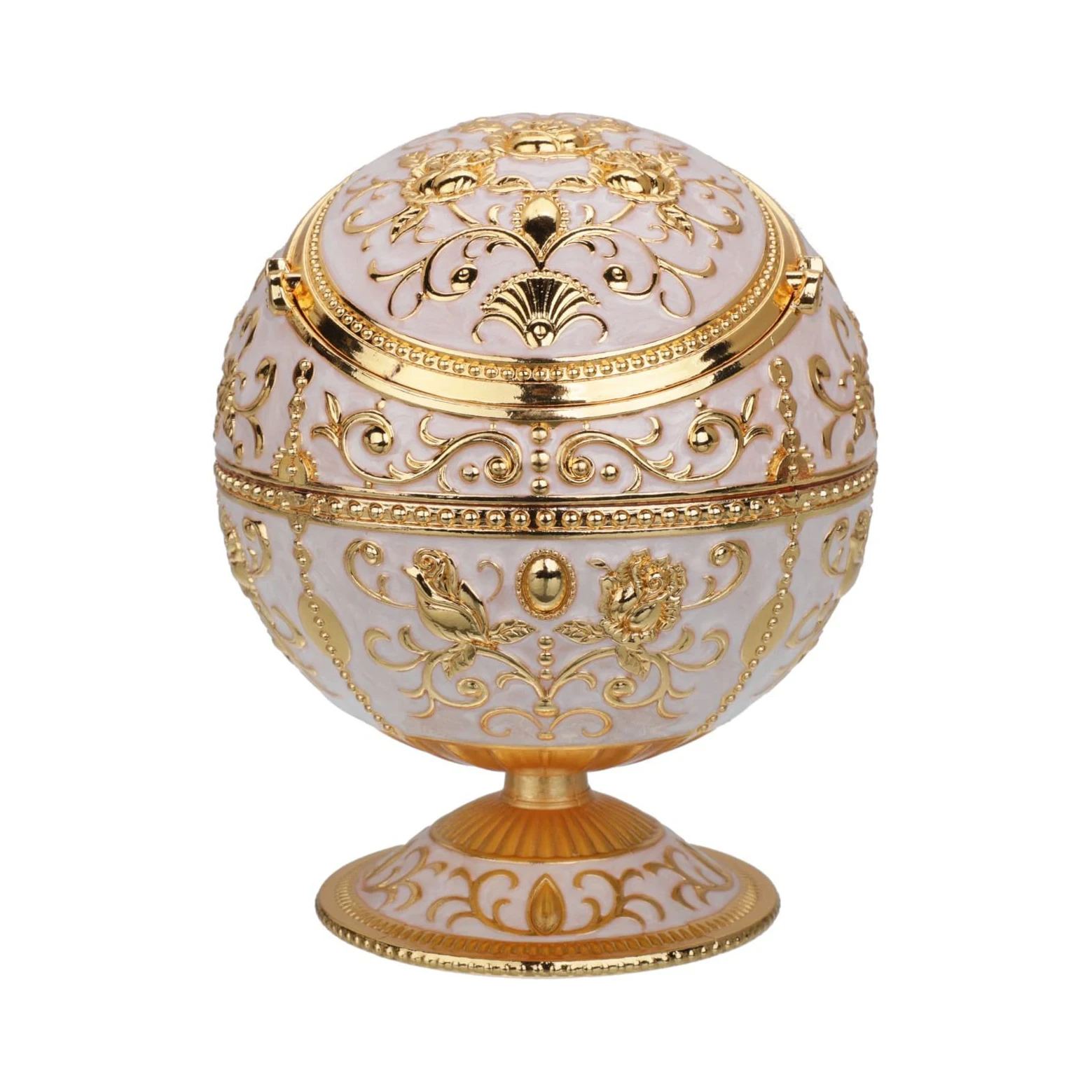 Jade White Gold Flower Hand Stamped Rose Pattern Metal Vintage Windproof Covered Ball Cigar Ashtray With Flip Lid For Cigarettes