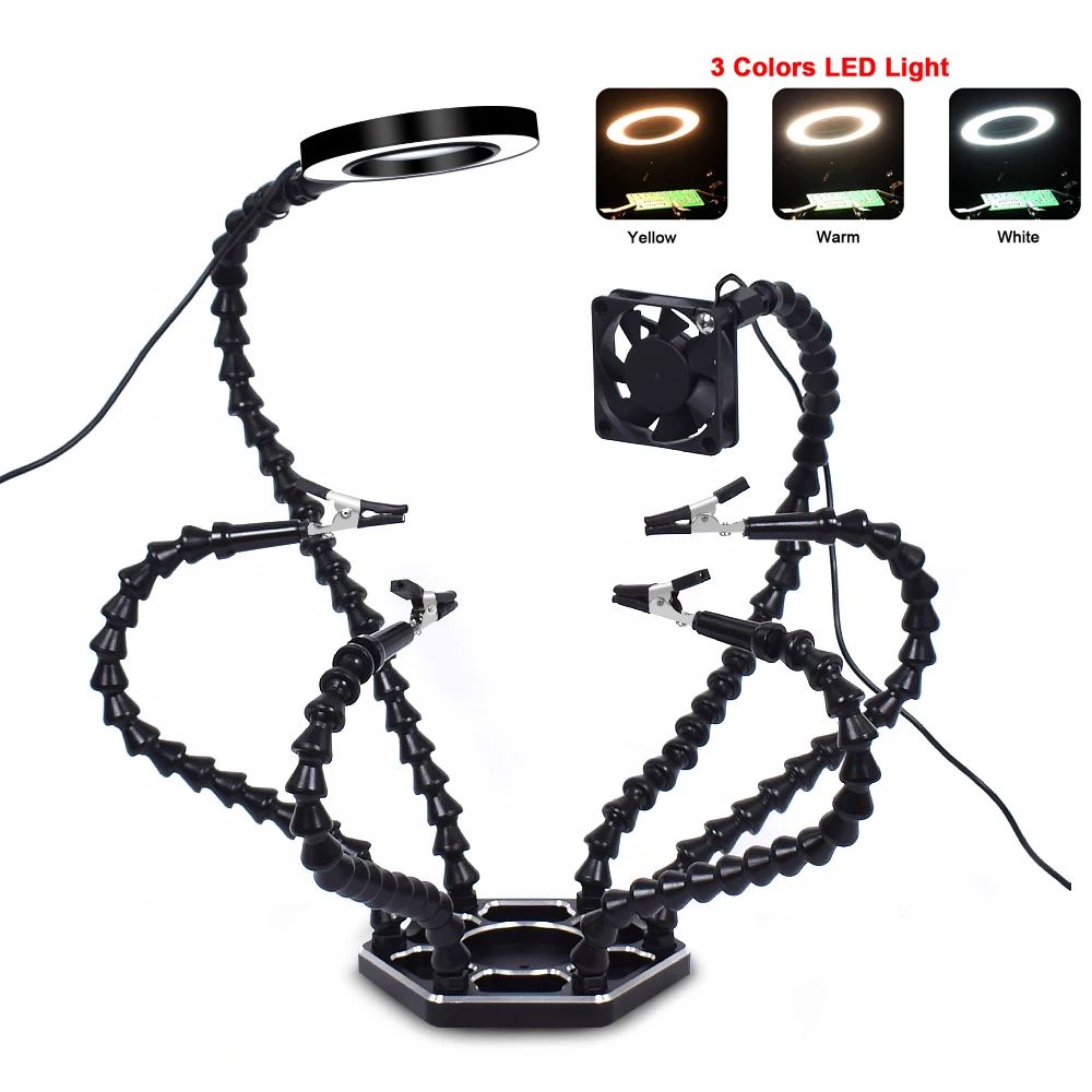 Soldering Helping Hands with 3X LED Magnifier Lamp 5Pcs Soldering Flexible Arms Welding Third Hand for Aircraft PCB IC Repair